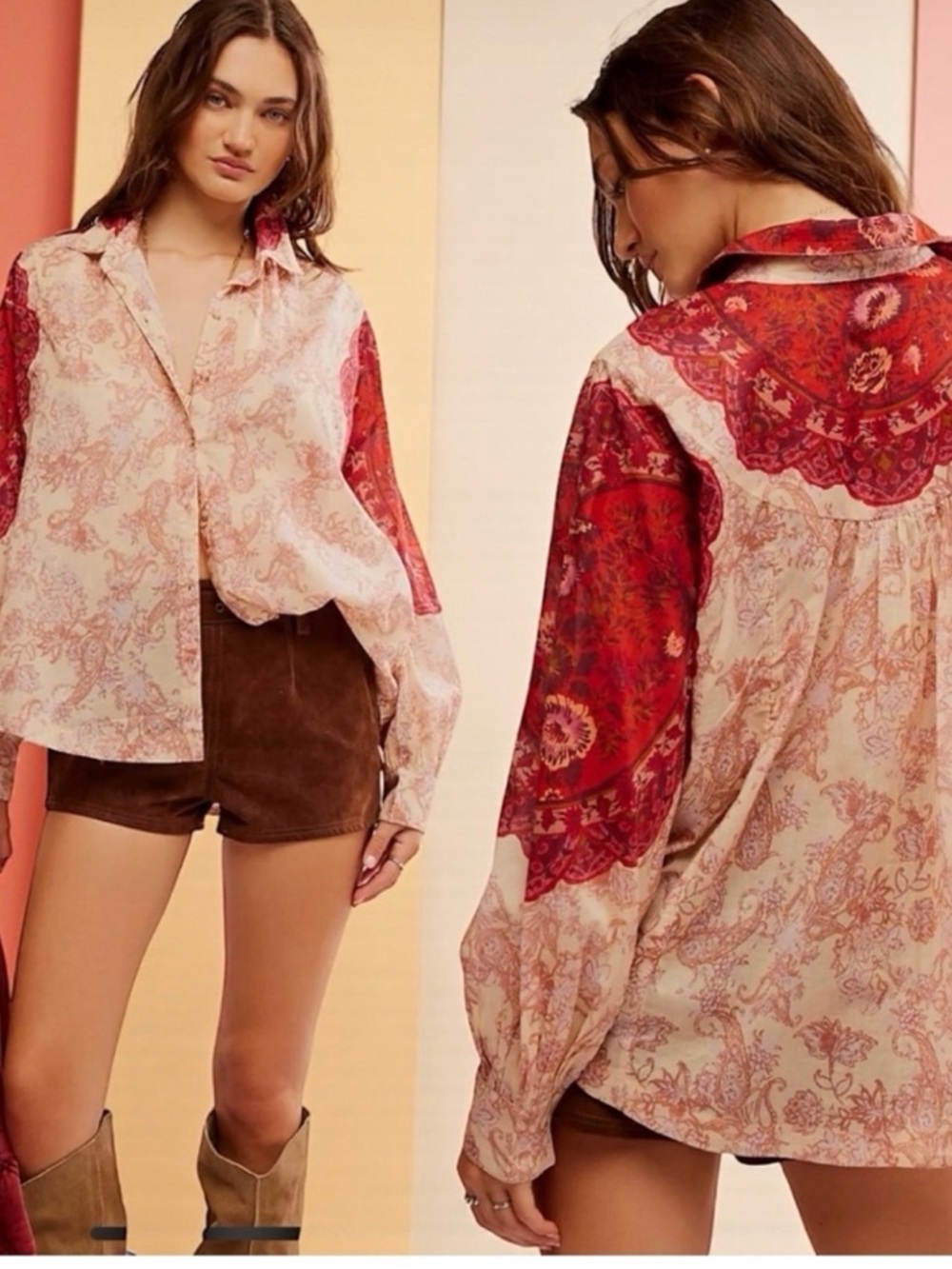 Free People Rose Bud Cream Button-Down Shirt with Red Paisley Accents